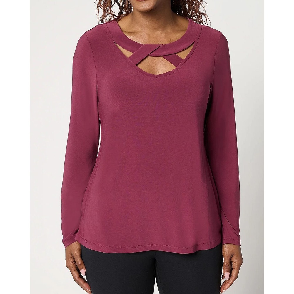 Attitudes by Renee Como Jersey Crossover Neck Top - Zinfandel - Medium